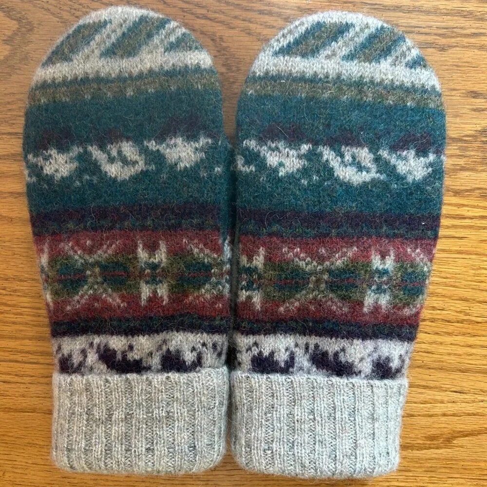 100% Felted Wool Mittens - Multi Color/Green Print Handcrafted - Picture 2 of 5